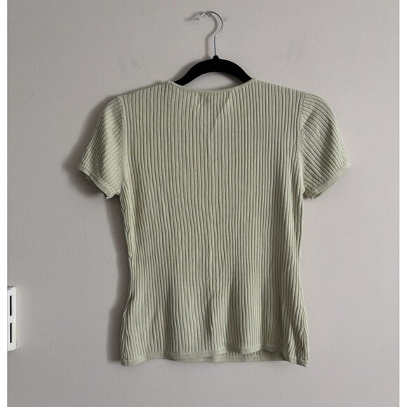Vintage 2000s Y2K Ribbed Knit Top August Silk Womens Medium Short Sleeve Green - Picture 5 of 5